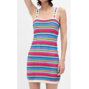 Gap Crochet Mini Dress Pink Multi Striped Tank Strap Square Neck large $89 New